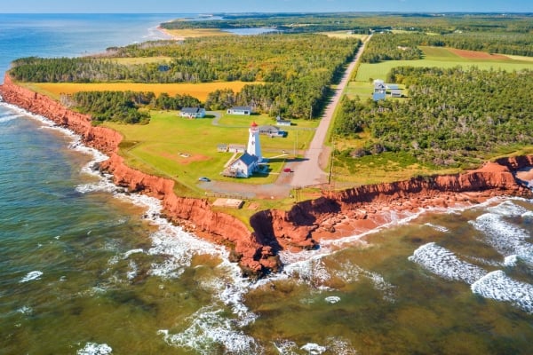 Scenic coastal driving view in Prince Edward Island